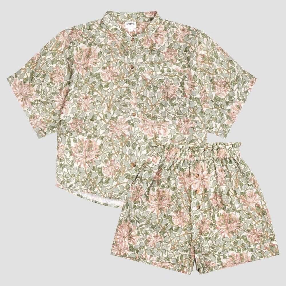 NWT Piglet In Bed x Morris & Co. Soft Sage Honeysuckle Linen Pajama Shorts Set